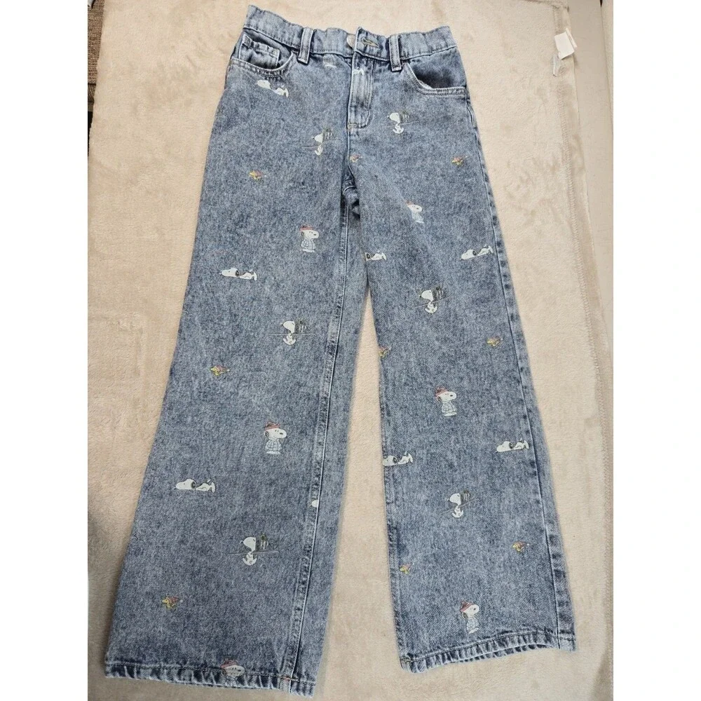 Justice Girls Peanuts Snoopy Wide Leg Acid Wash Jeans Light Blue Size 10